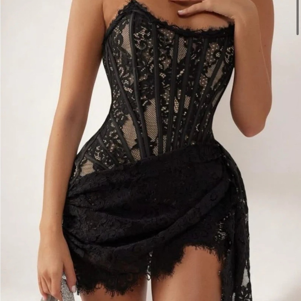 Heiress Beverly Hills black lace corset draped dress